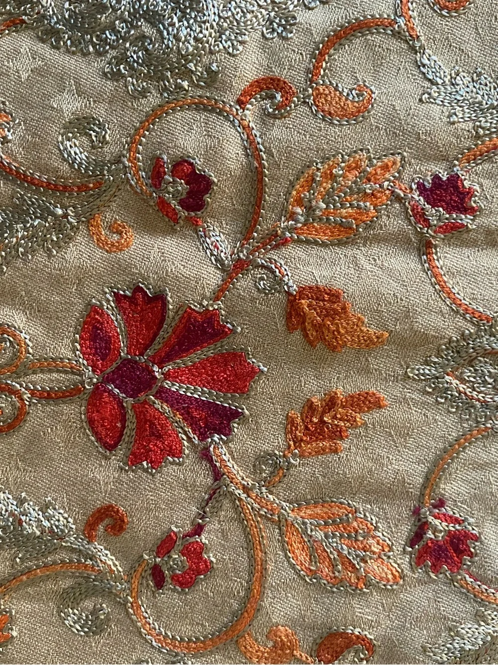 Beige Floral-Embroidered Women's Scarf with Red & Orange Accents‎